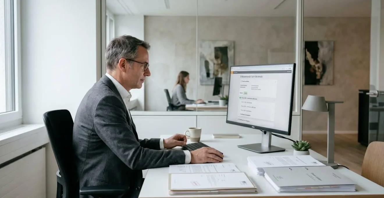 Bureau d'avocat moderne avec ordinateur affichant interface de suivi d'e-recommandé et documents juridiques sur le bureau