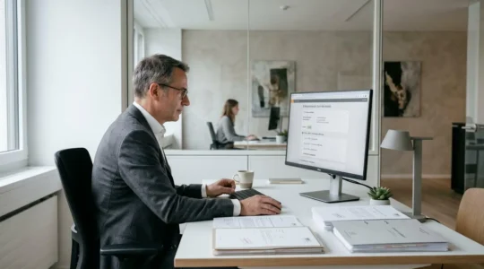 Bureau d'avocat moderne avec ordinateur affichant interface de suivi d'e-recommandé et documents juridiques sur le bureau