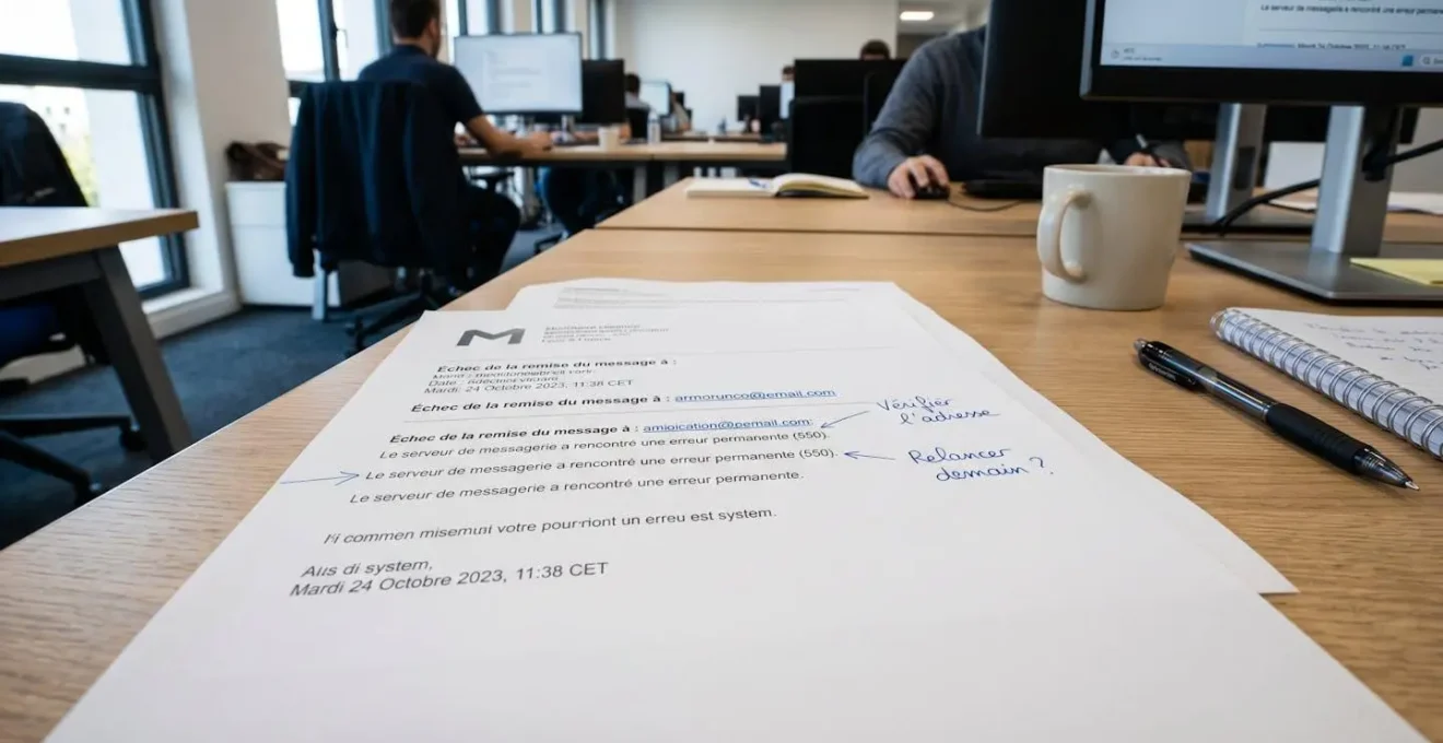 Responsable administrative consultant les notifications d'échec de livraison d'e-recommandé sur son écran d'ordinateur