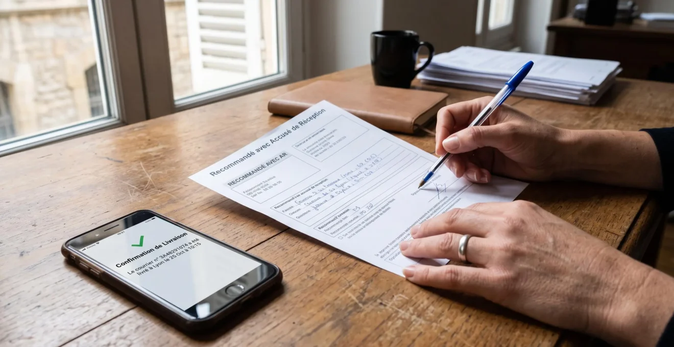 Des mains comparent un avis de réception papier et une confirmation sur smartphone.