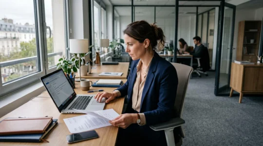 Une gestionnaire de comptes envoie une relance client depuis son bureau lumineux.